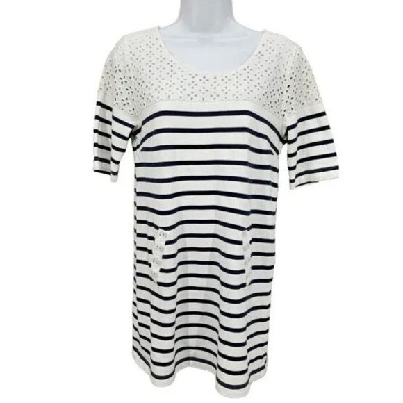 Postmark Anthropologie Tunic Dress White Nautical Striped Pockets Cotton Size S - Picture 1 of 9